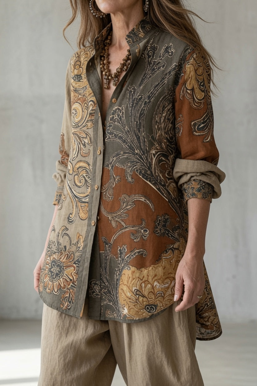 Completo donna vintage con camicia stampata e pantaloni fluidi