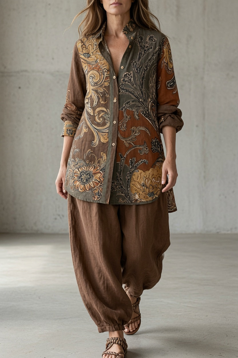 Completo donna vintage con camicia stampata e pantaloni fluidi