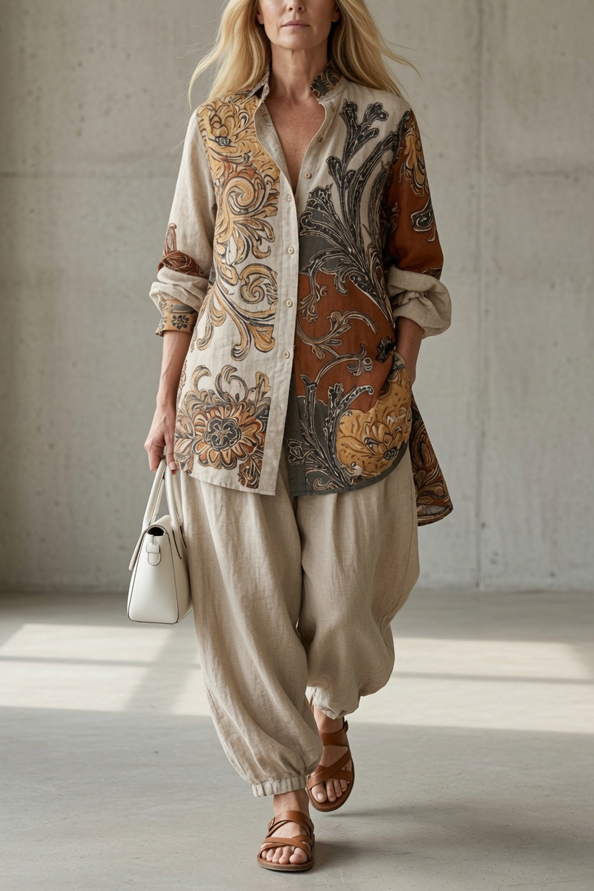Completo donna vintage con camicia stampata e pantaloni fluidi