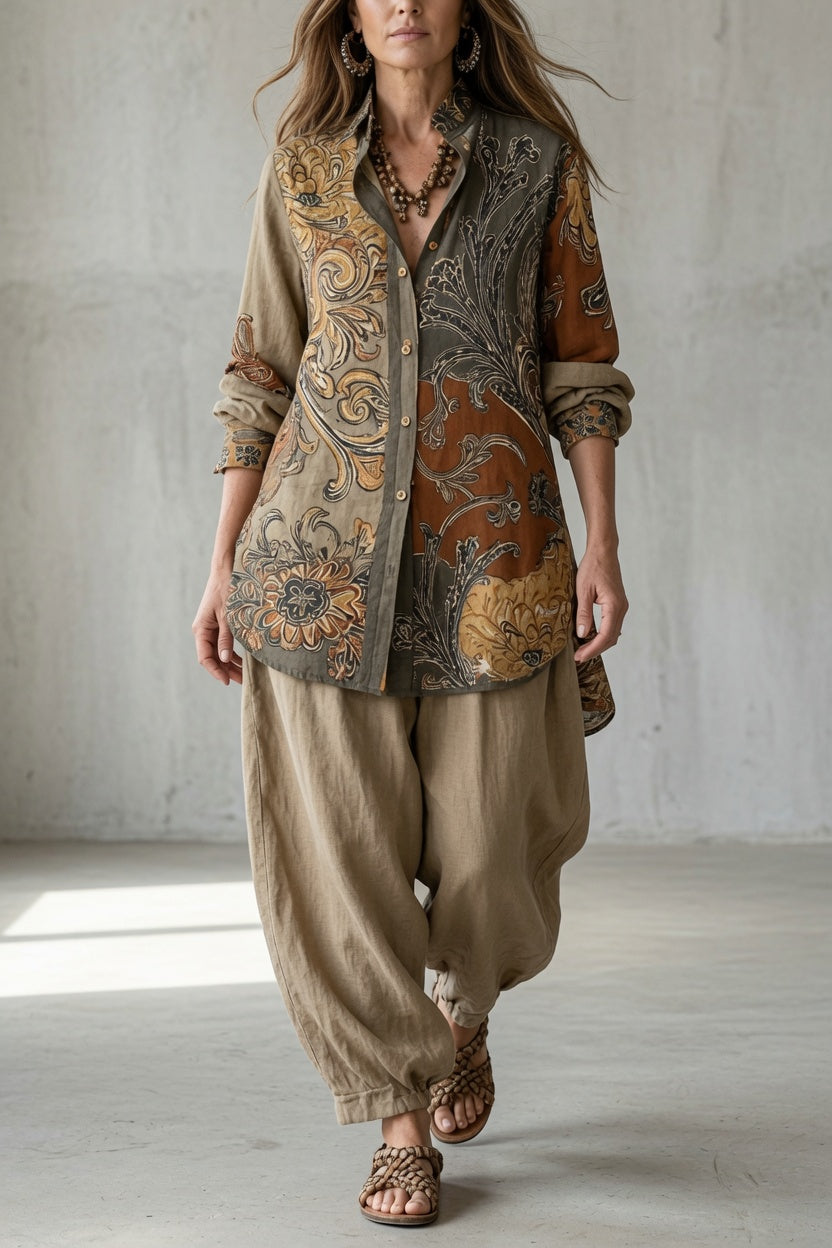 Completo donna vintage con camicia stampata e pantaloni fluidi