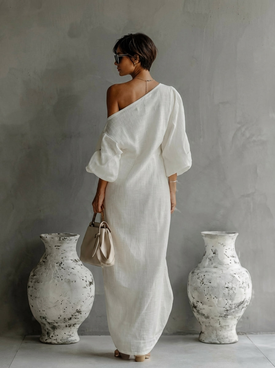 Abito maxi donna monospalla elegante con linea fluida