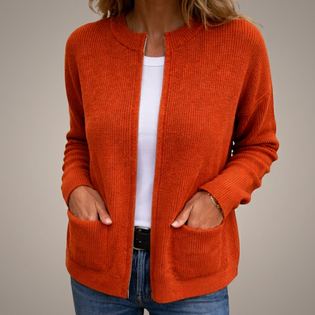 Cardigan donna in maglia a coste con zip e tasche