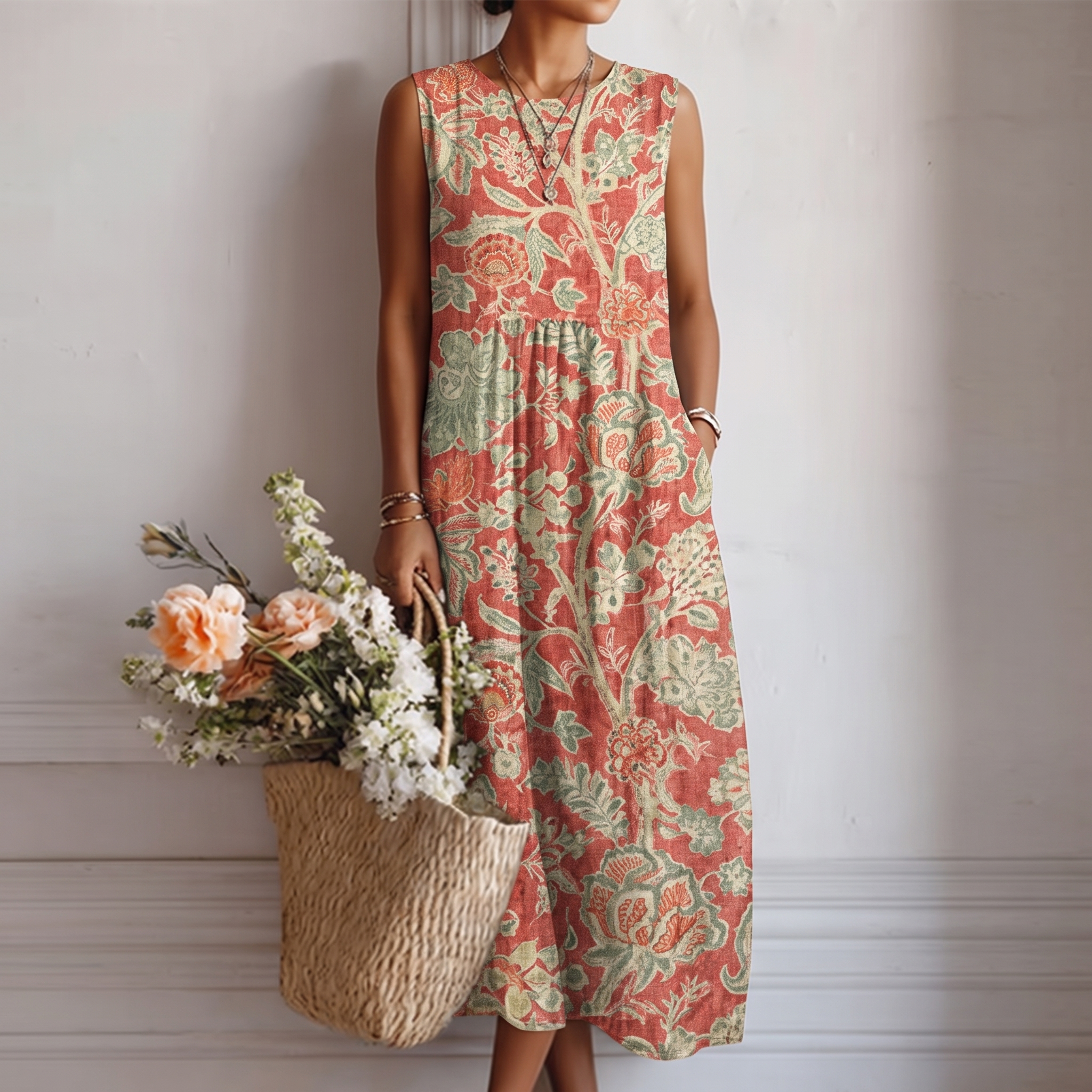 Abito midi donna in cotone viscosa con stampa floreale