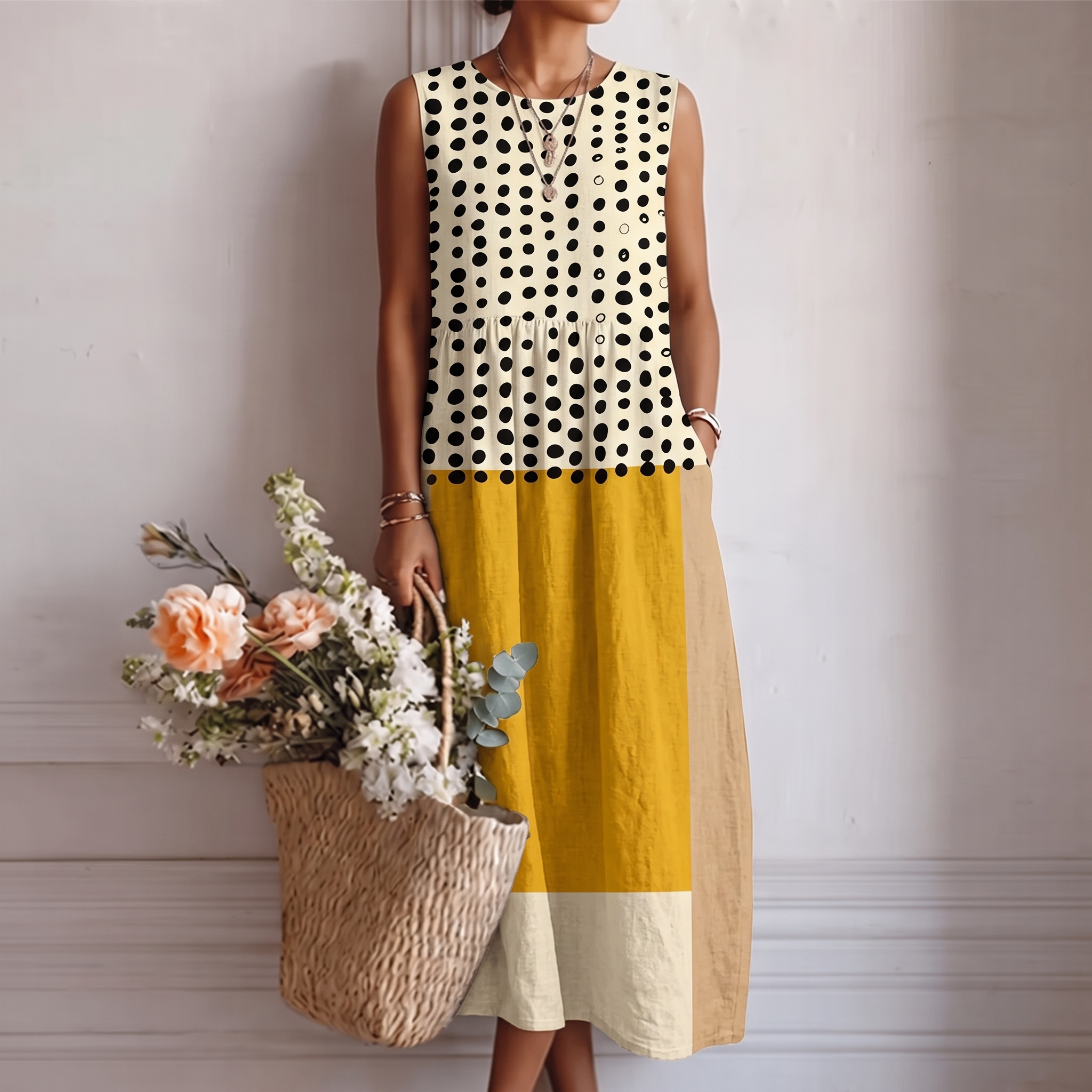 Abito midi donna in cotone viscosa a pois color block
