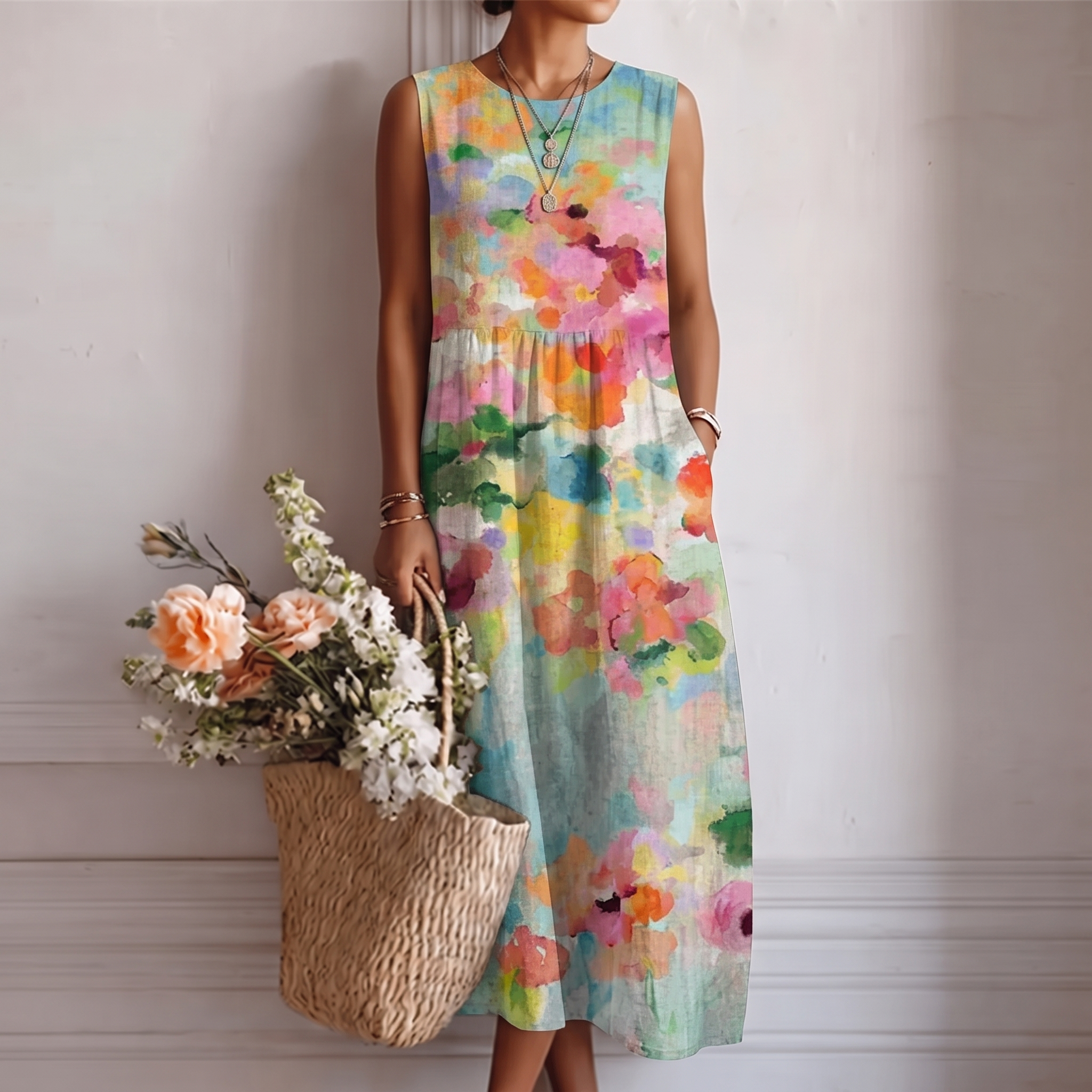 Abito midi smanicato donna con stampa acquerello