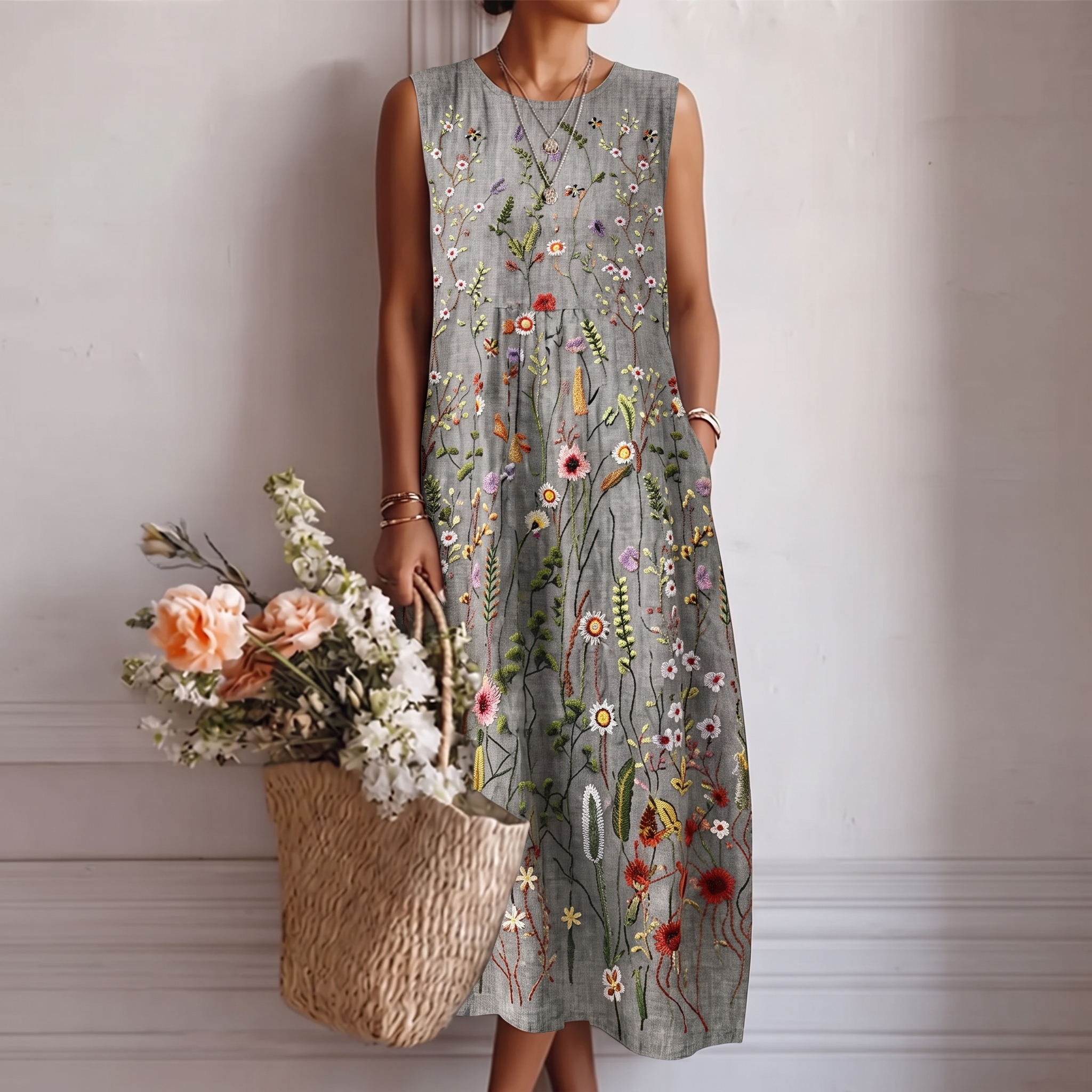 Abito midi donna in cotone viscosa con ricamo floreale