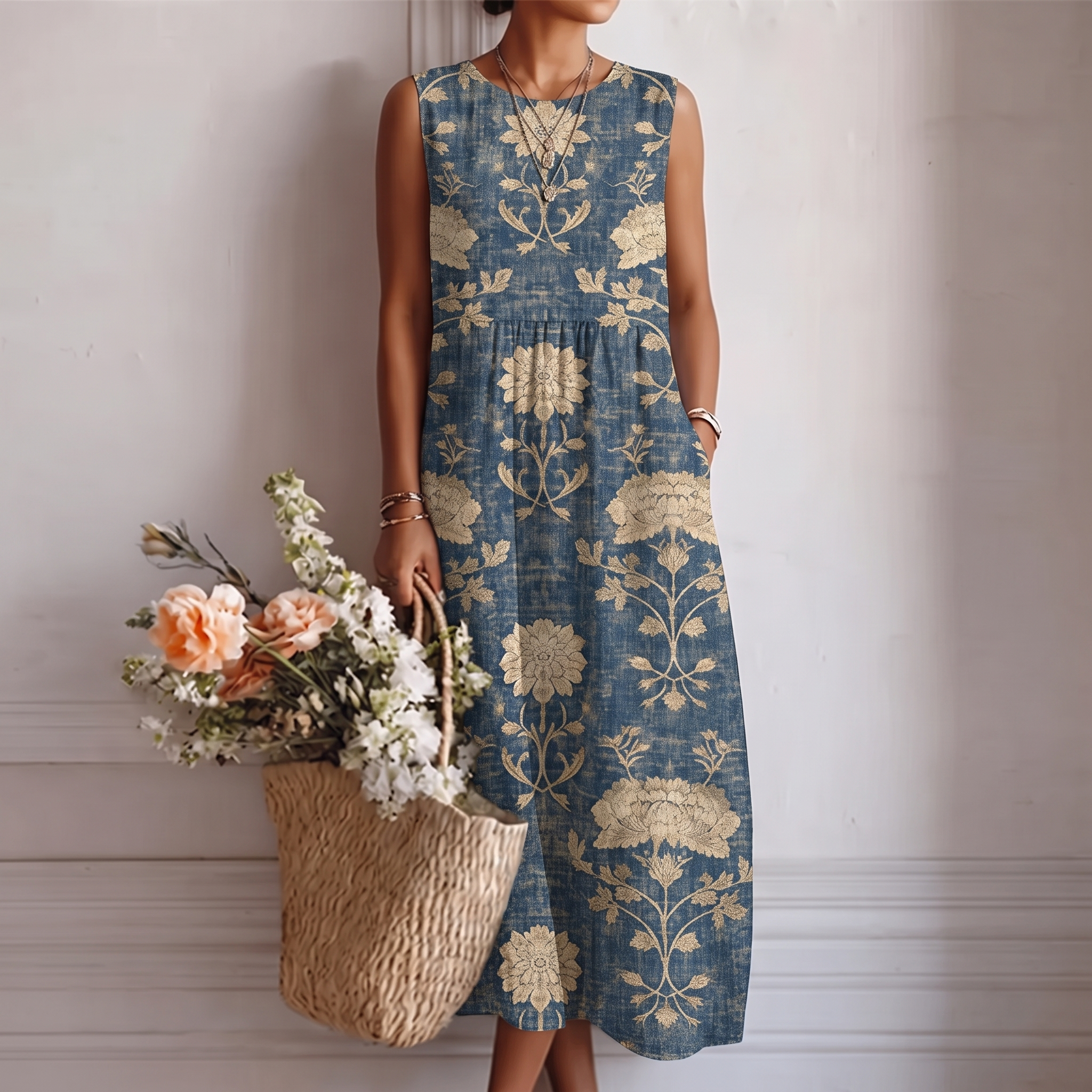 Abito midi donna smanicato in cotone viscosa con motivo floreale classico