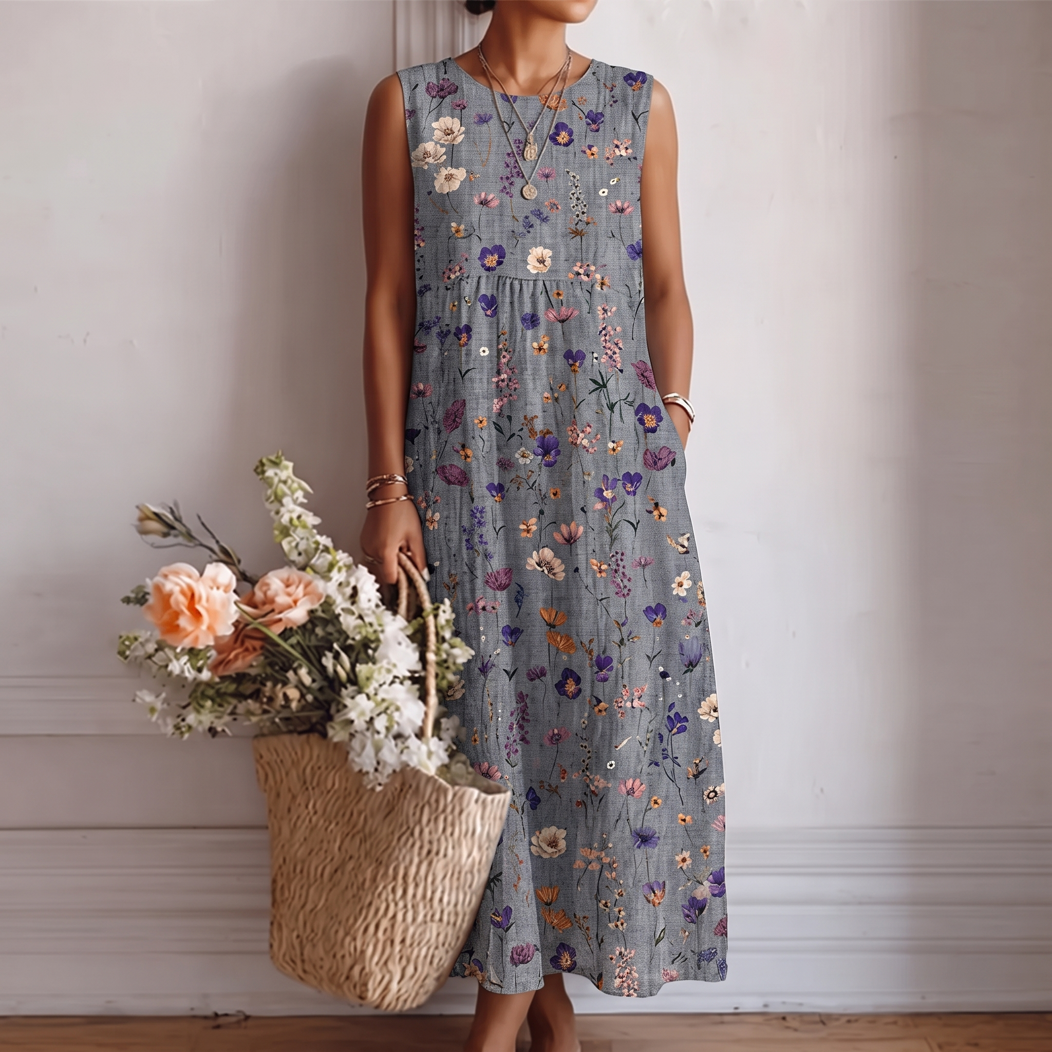 Abito midi smanicato donna con micro stampa floreale