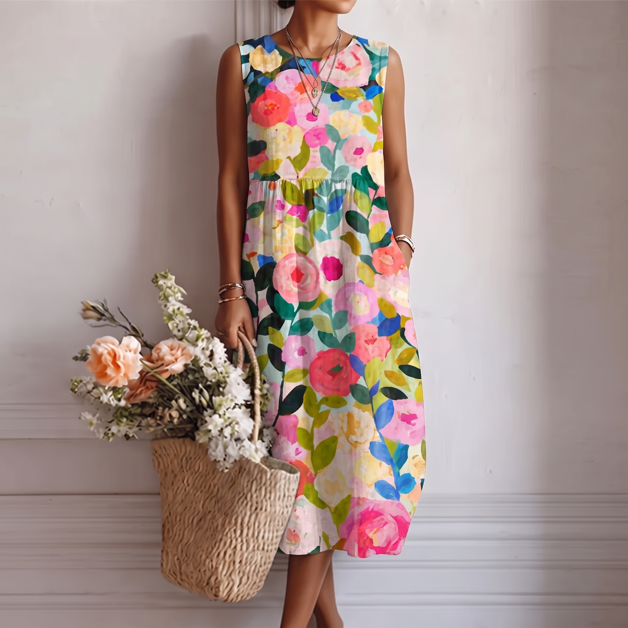 Abito midi donna con maxi stampa floreale vivace