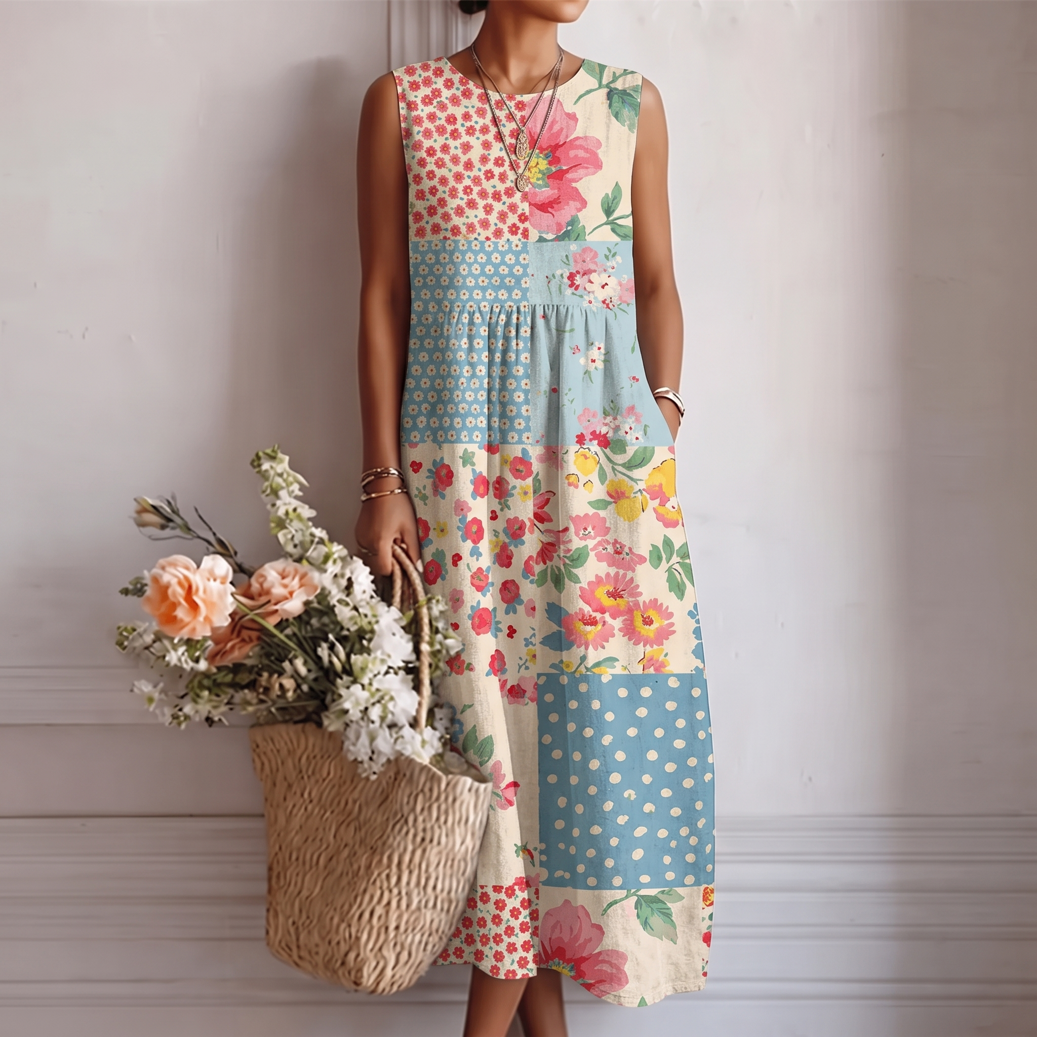 Abito midi donna patchwork floreale in cotone viscosa