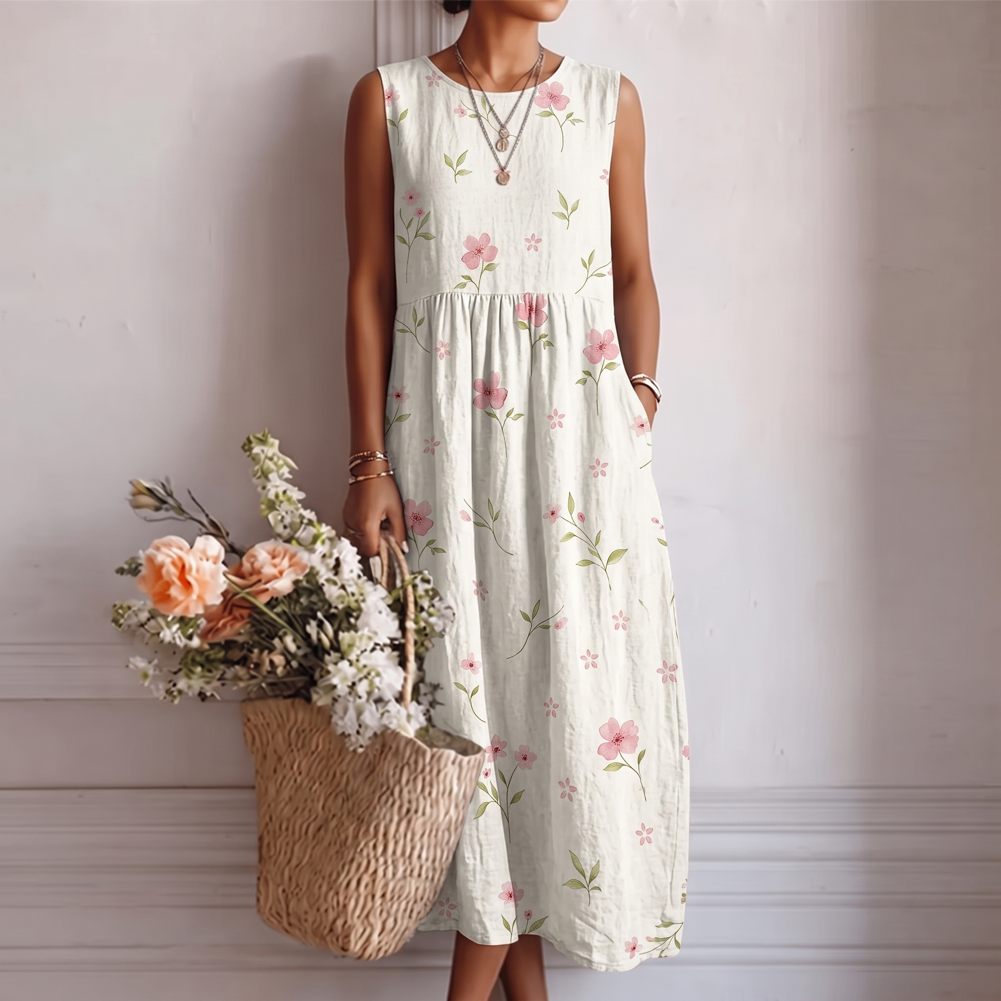 Abito midi donna in cotone viscosa con stampa floreale