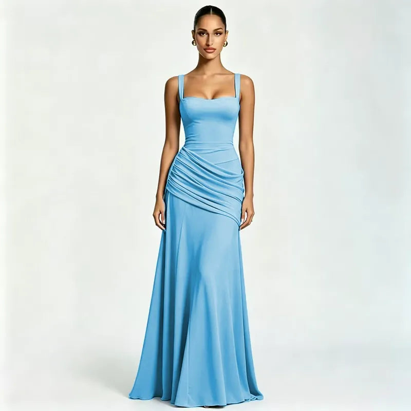 Abito maxi donna elegante con scollo quadrato e drappeggio