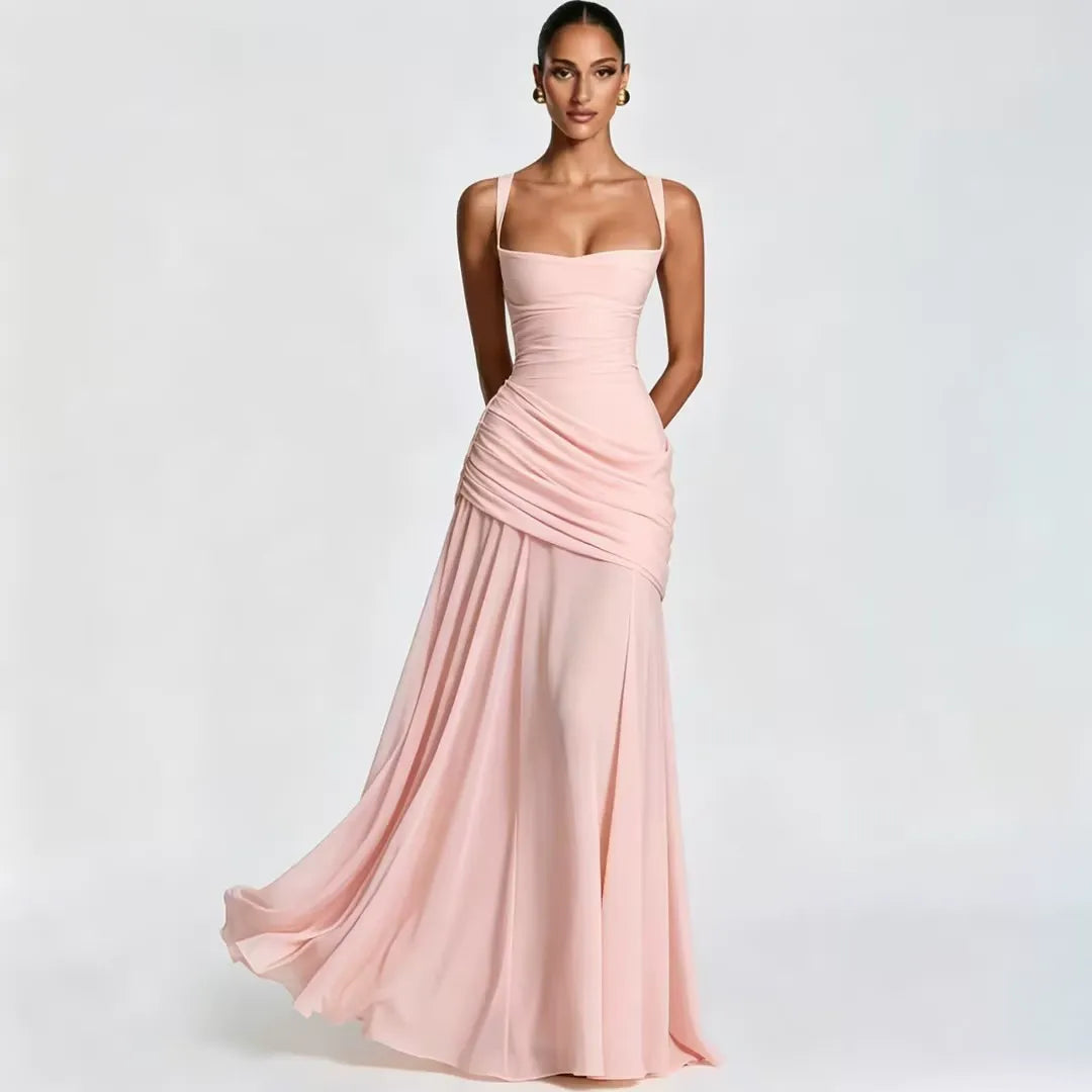 Abito maxi donna elegante con scollo quadrato e drappeggio