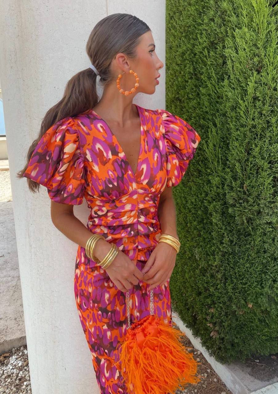 Vestito Donna Scollo a V con Maniche a Sbuffo – Abito Primavera Estate