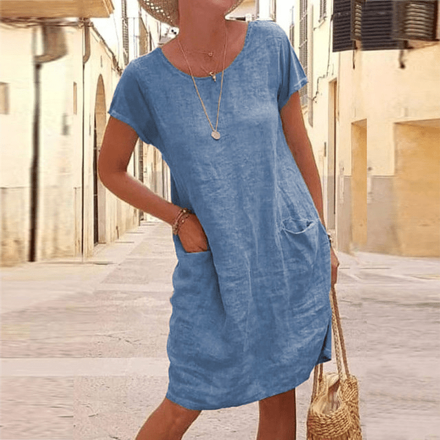 Abito midi da donna in lino con tasche frontali