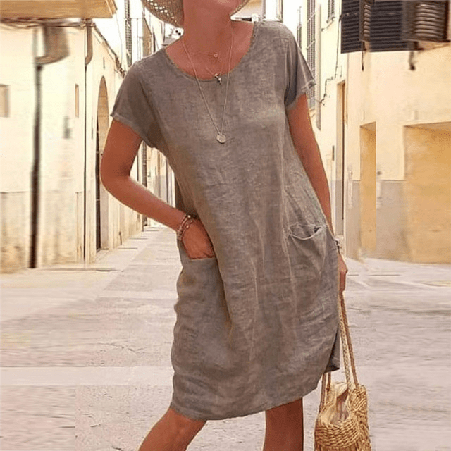 Abito midi da donna in lino con tasche frontali