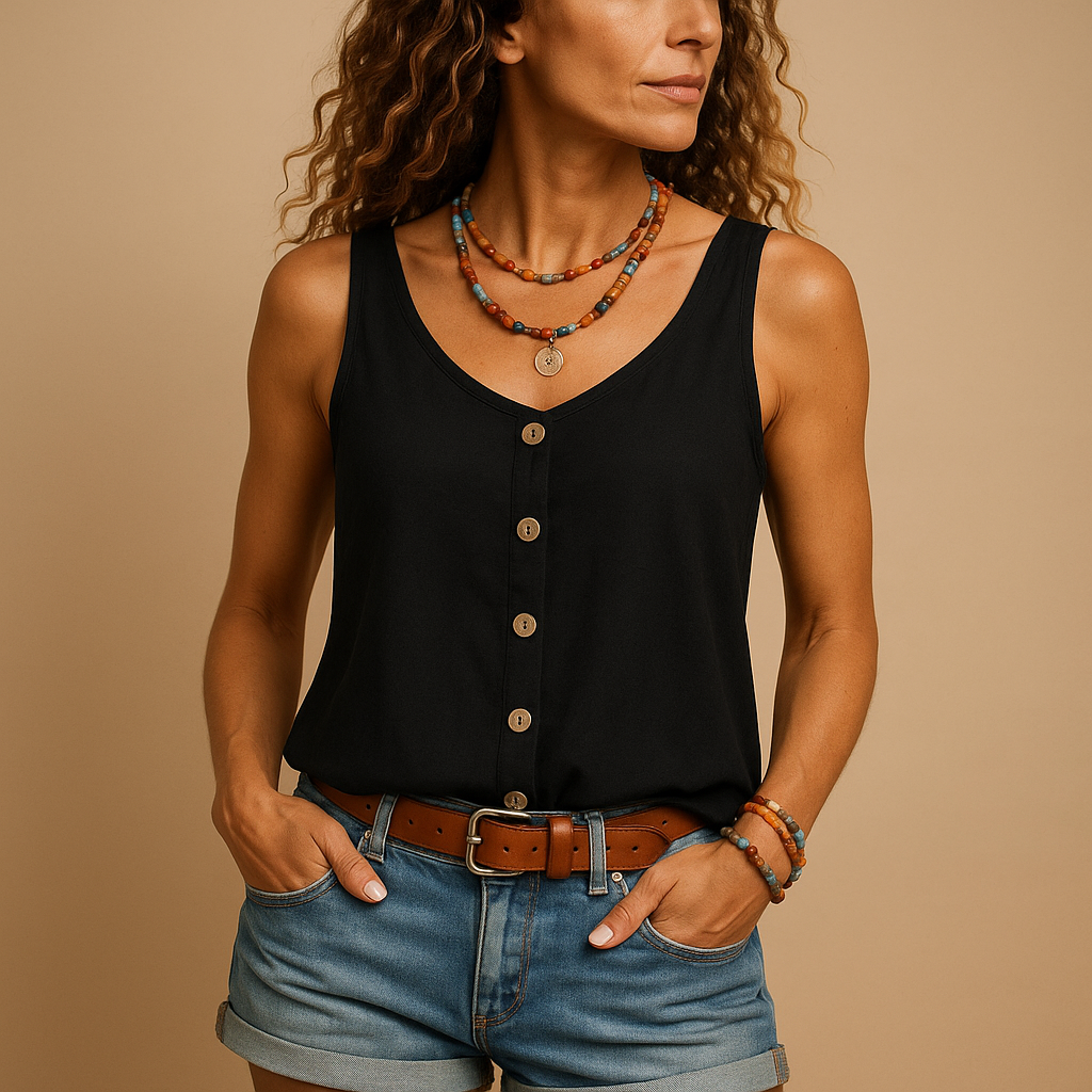 Top da donna in lino cotone con bottoni frontali