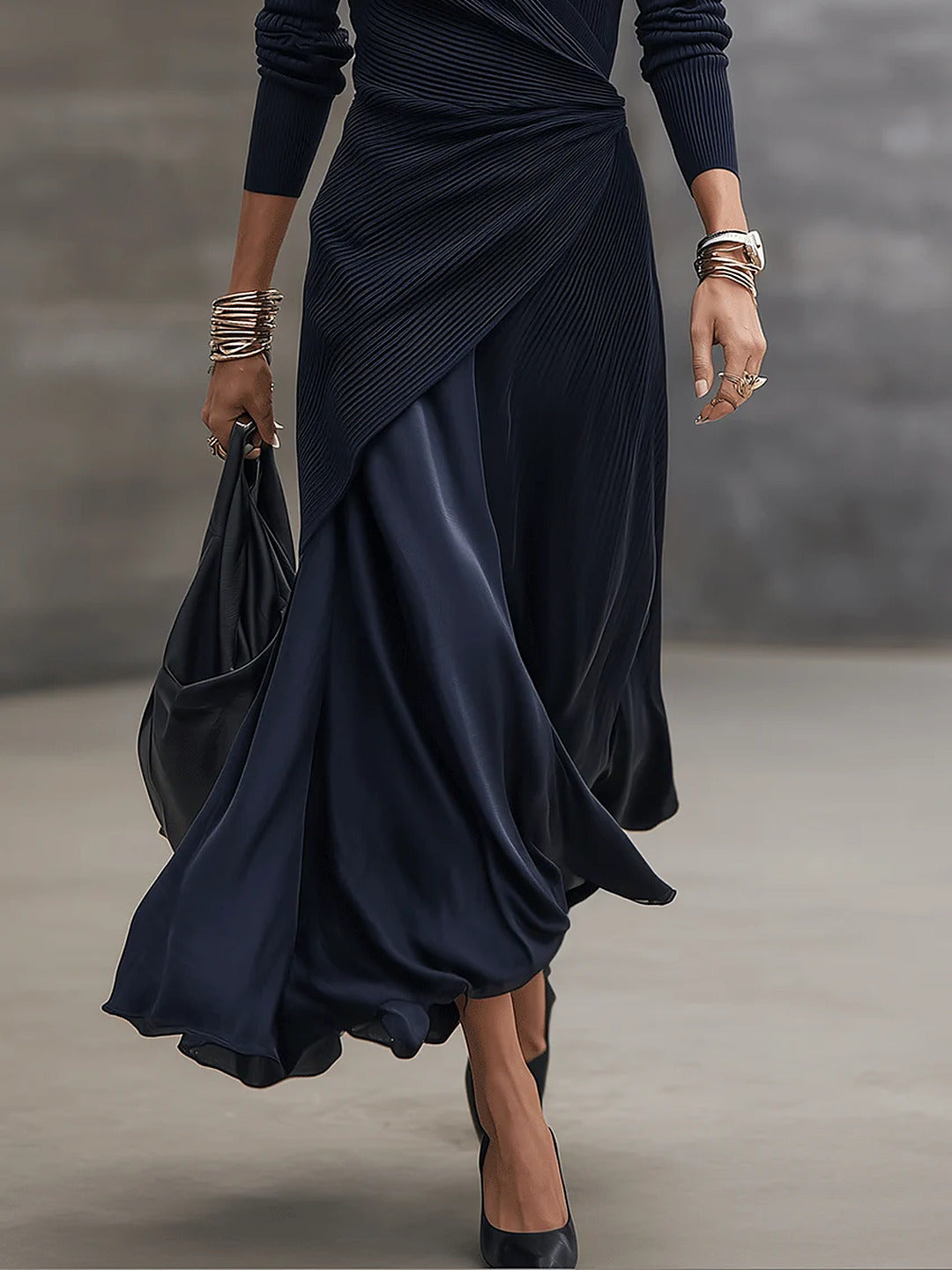 Abito maxi donna a portafoglio con gonna fluida in satin