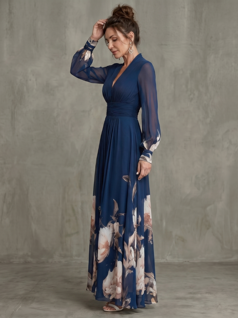 Abito maxi donna floreale con maniche trasparenti