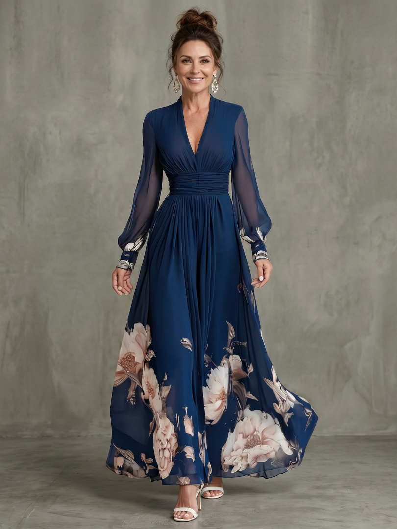 Abito maxi donna floreale con maniche trasparenti
