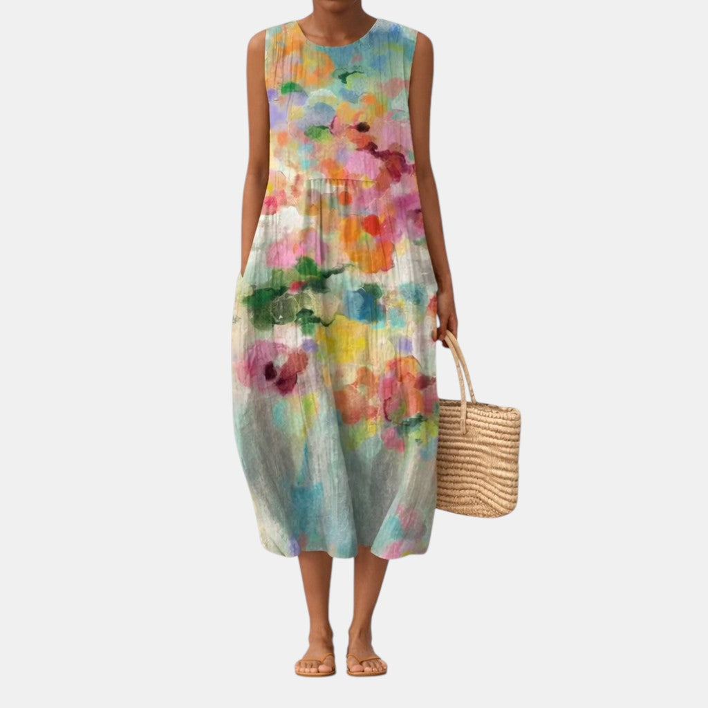 Abito midi smanicato donna con stampa acquerello