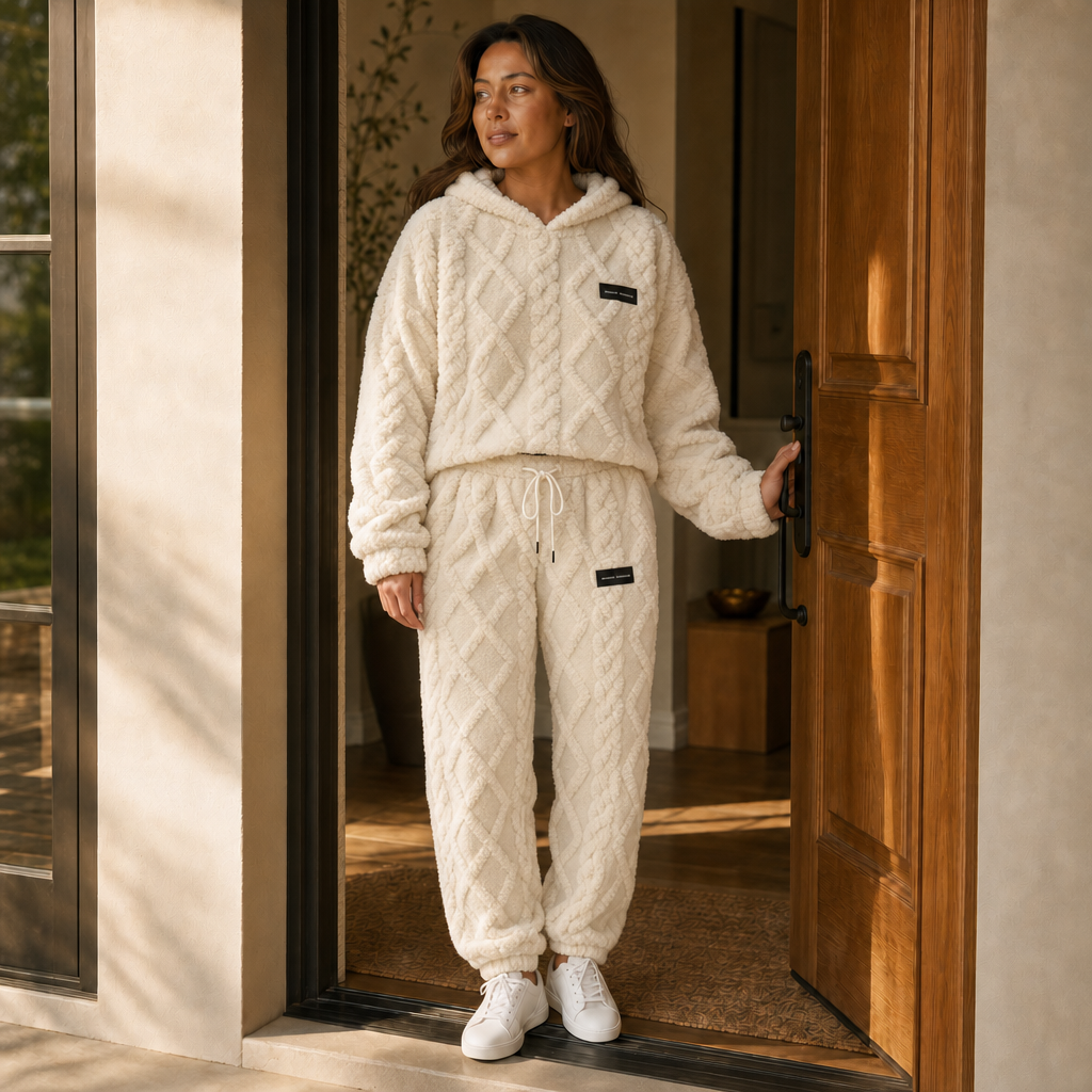 Completo cocooning da donna in pile con felpa con cappuccio e pantaloni