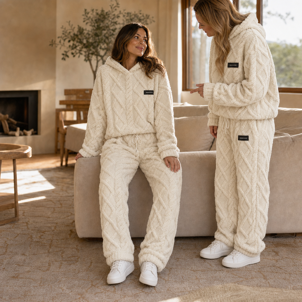 Completo cocooning da donna in pile con felpa con cappuccio e pantaloni