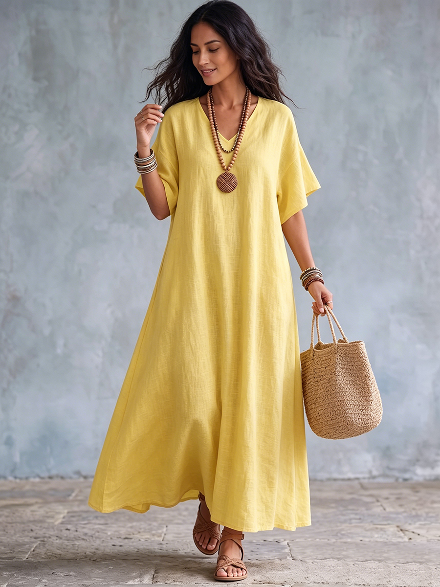 Abito lungo da donna in lino con scollo a V