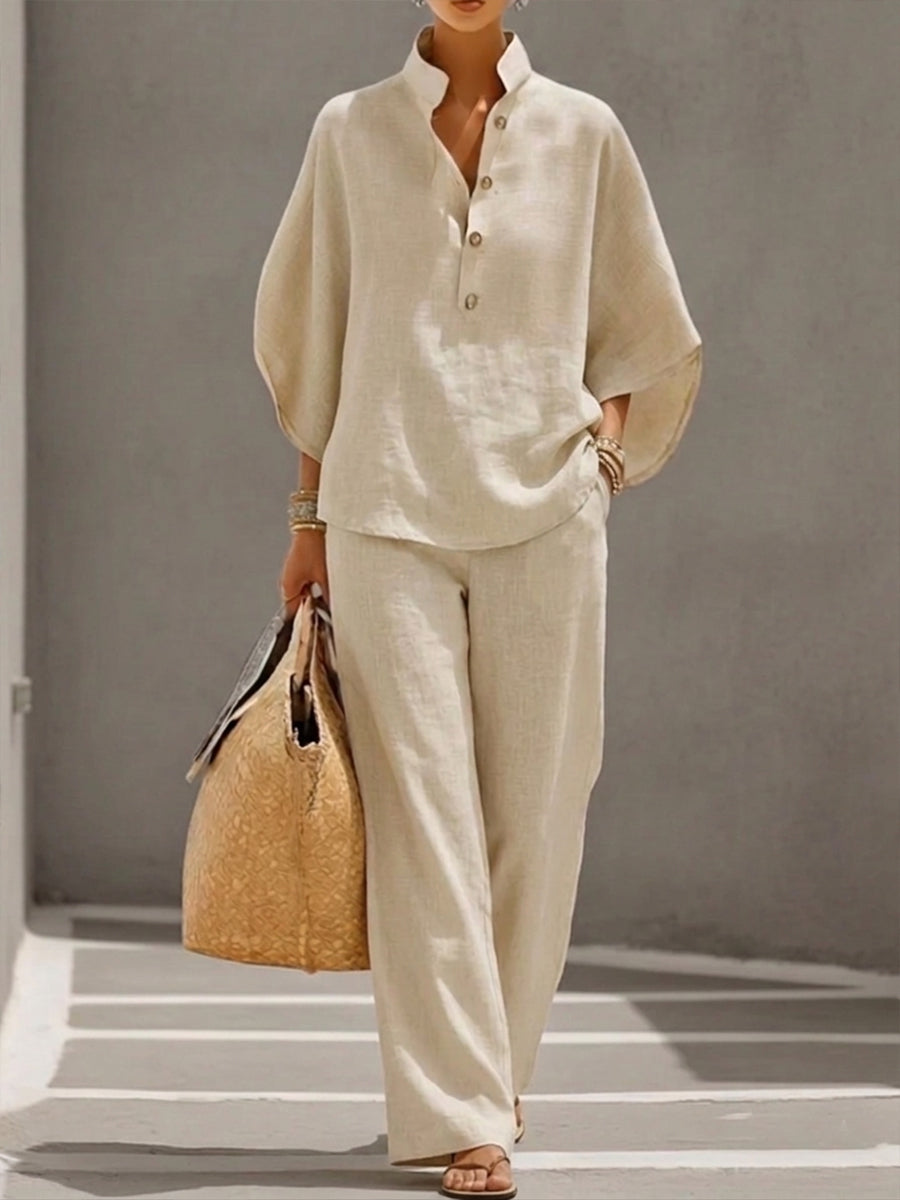 Completo donna cotone lino con top a pipistrello e pantaloni larghi