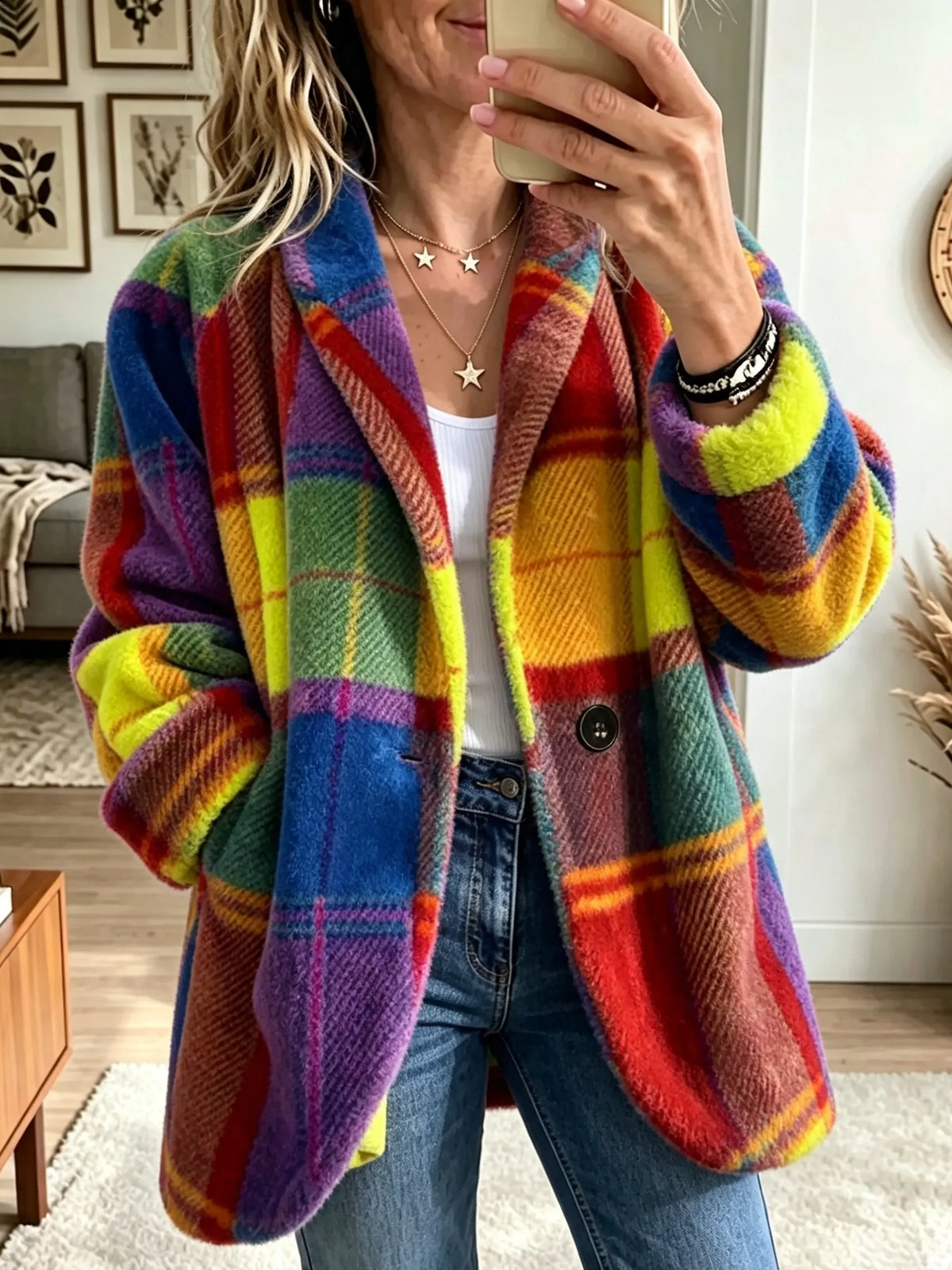 Cappotto donna a quadri con bottoni e texture morbida