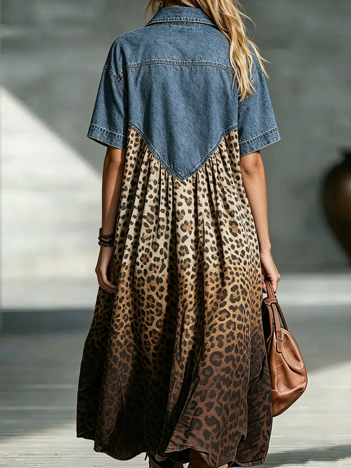 Abito donna patchwork denim con stampa leopardata
