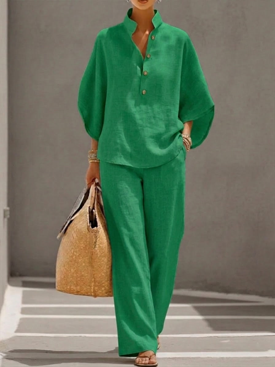 Completo donna cotone lino con top a pipistrello e pantaloni larghi