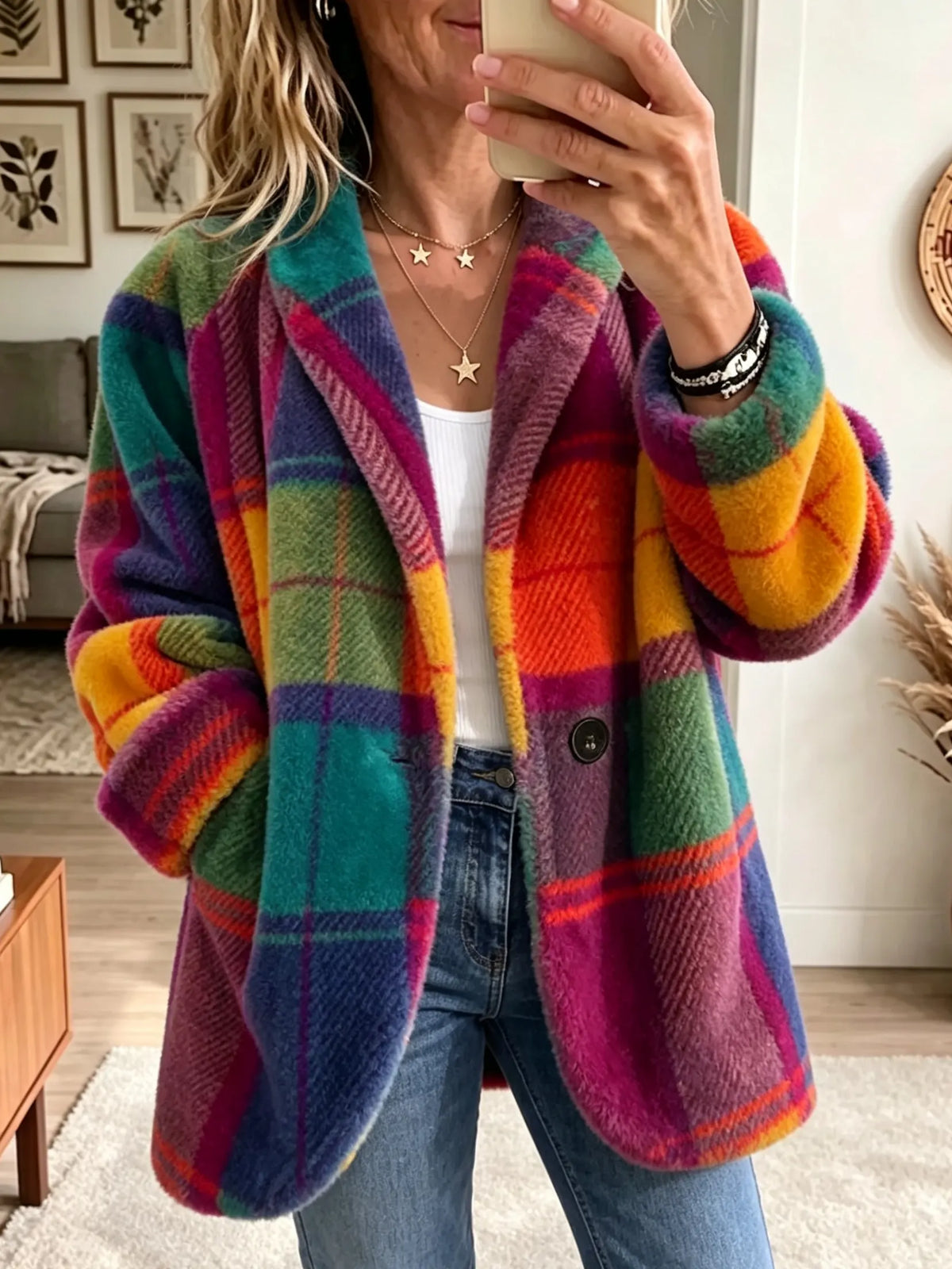 Cappotto donna a quadri con bottoni e texture morbida