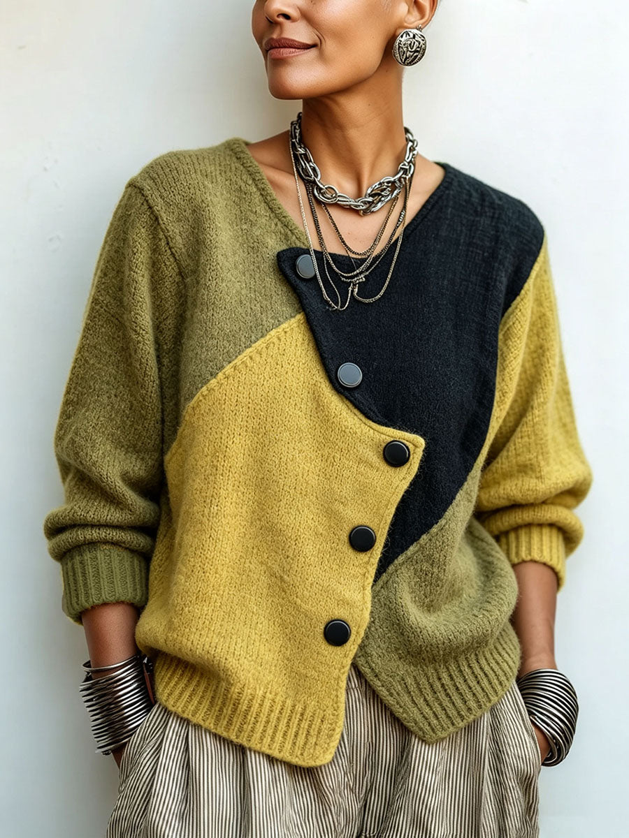 Maglione donna color-block con bottoni asimmetrici