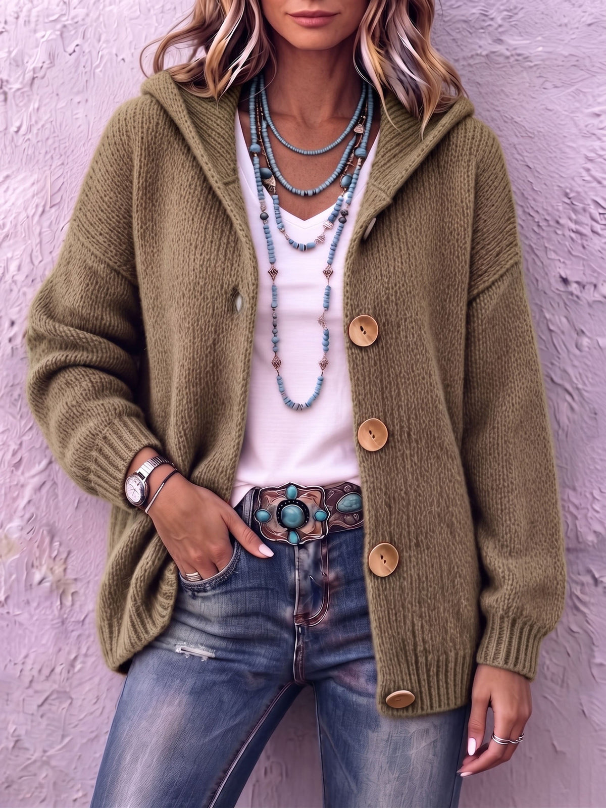 Cardigan donna in maglia con cappuccio e bottoni