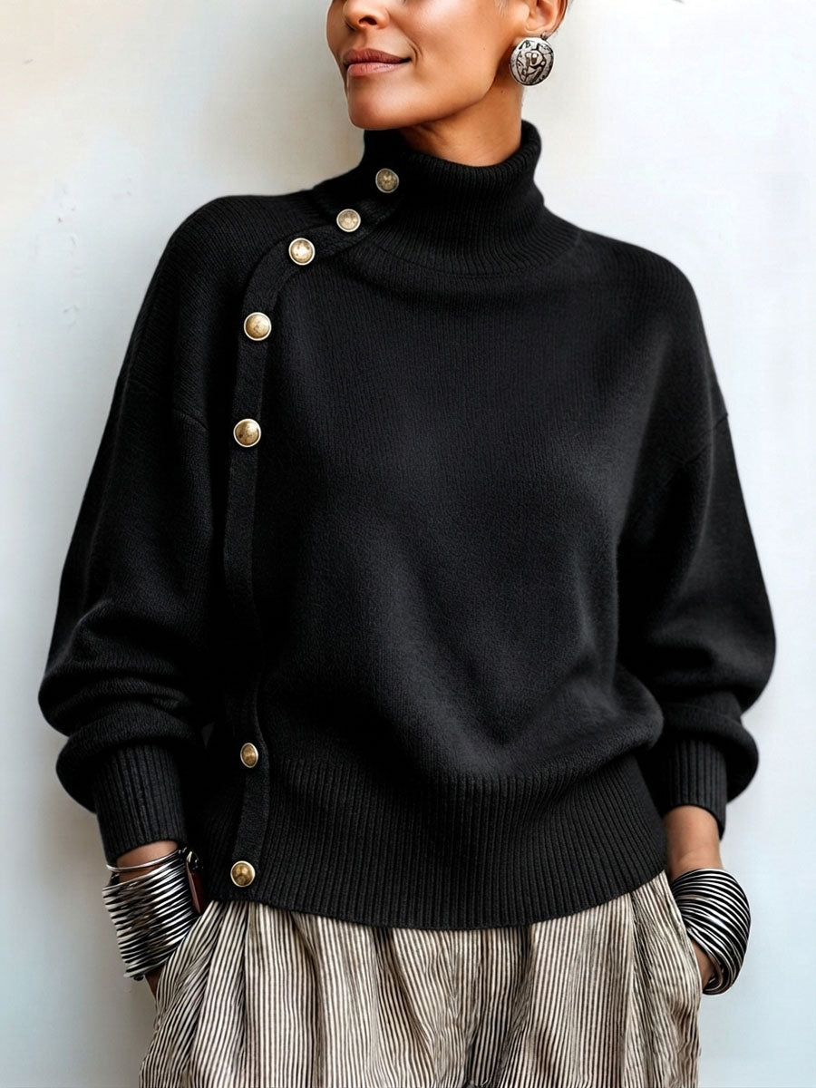 Maglione donna dolcevita asimmetrico con bottoni dorati
