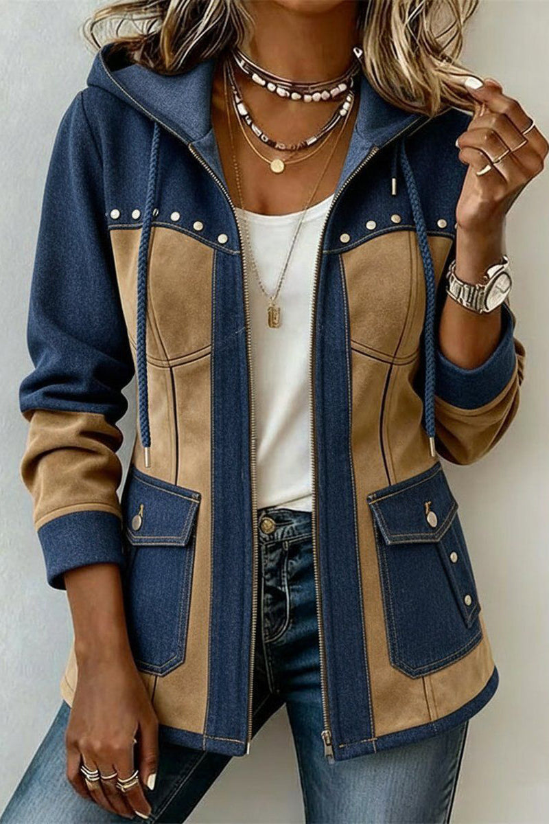 Giacca donna bicolore con cappuccio zip e tasche applicate