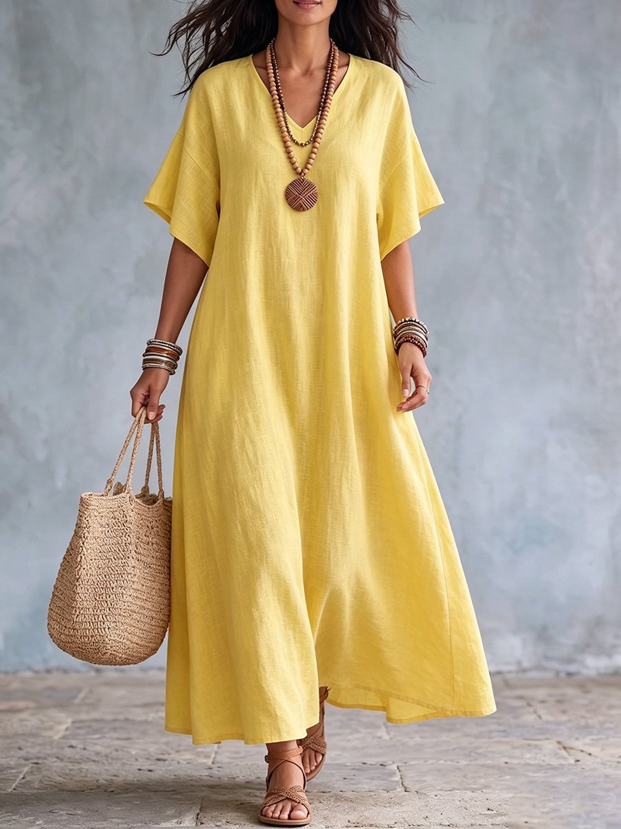 Abito lungo da donna in lino con scollo a V