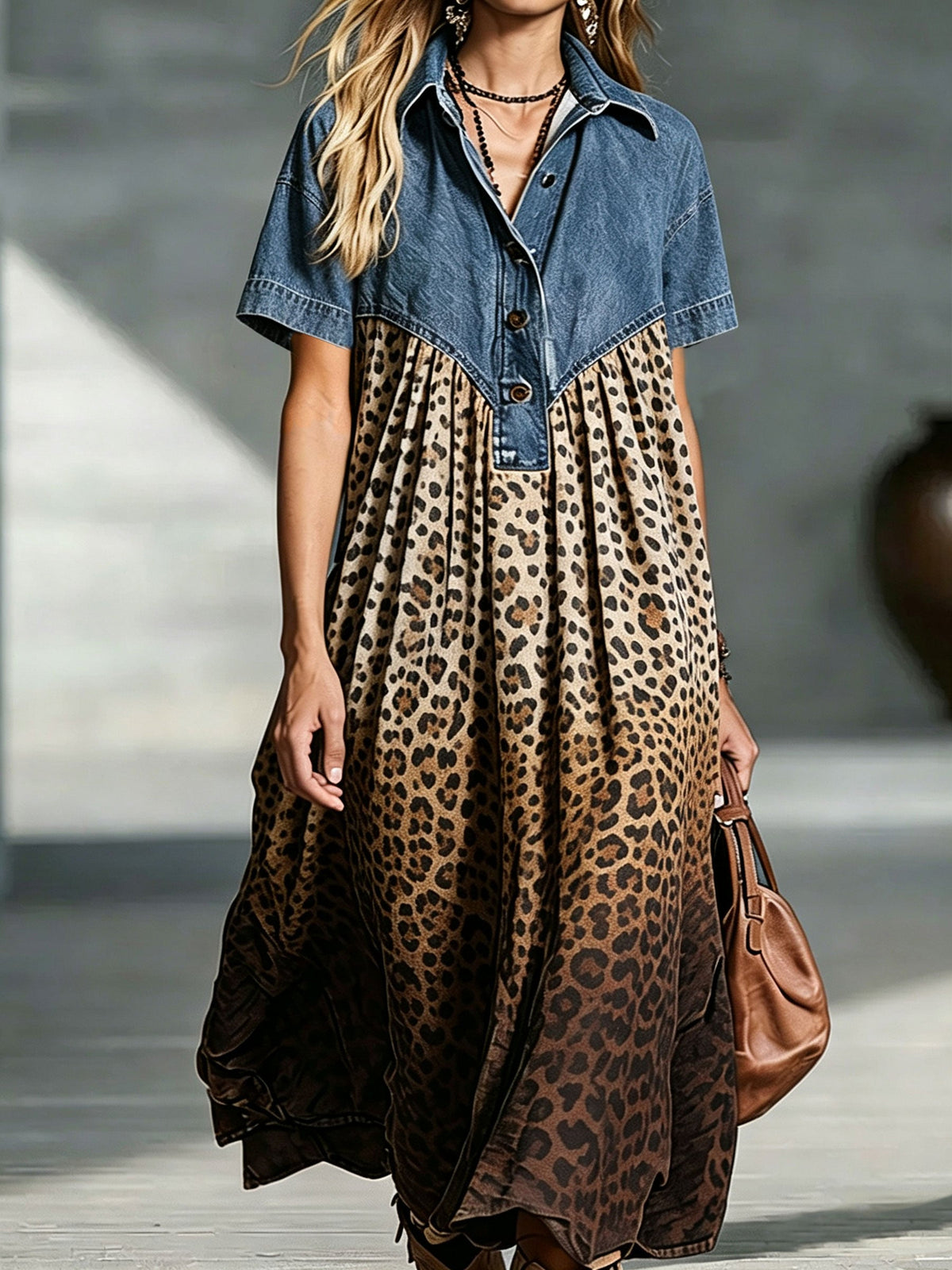 Abito donna patchwork denim con stampa leopardata