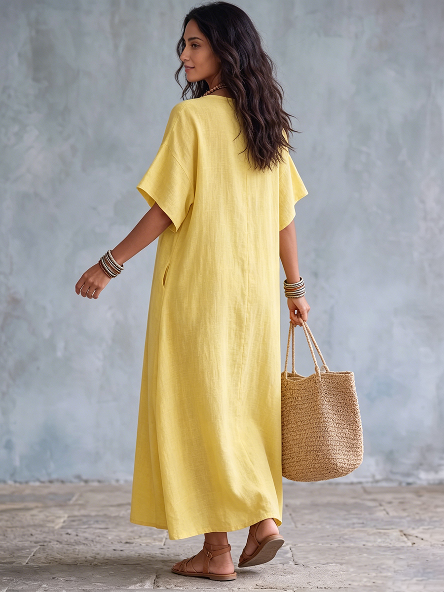 Abito lungo da donna in lino con scollo a V
