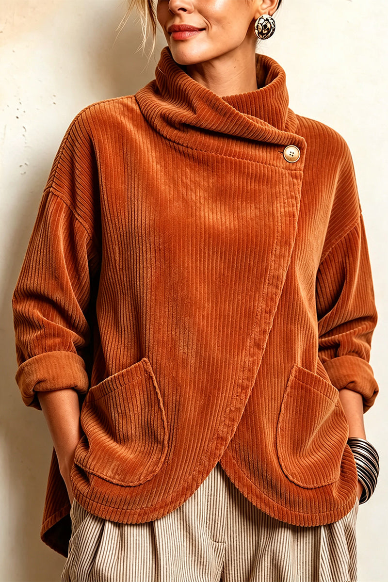Maglione donna in velluto a coste con collo alto asimmetrico