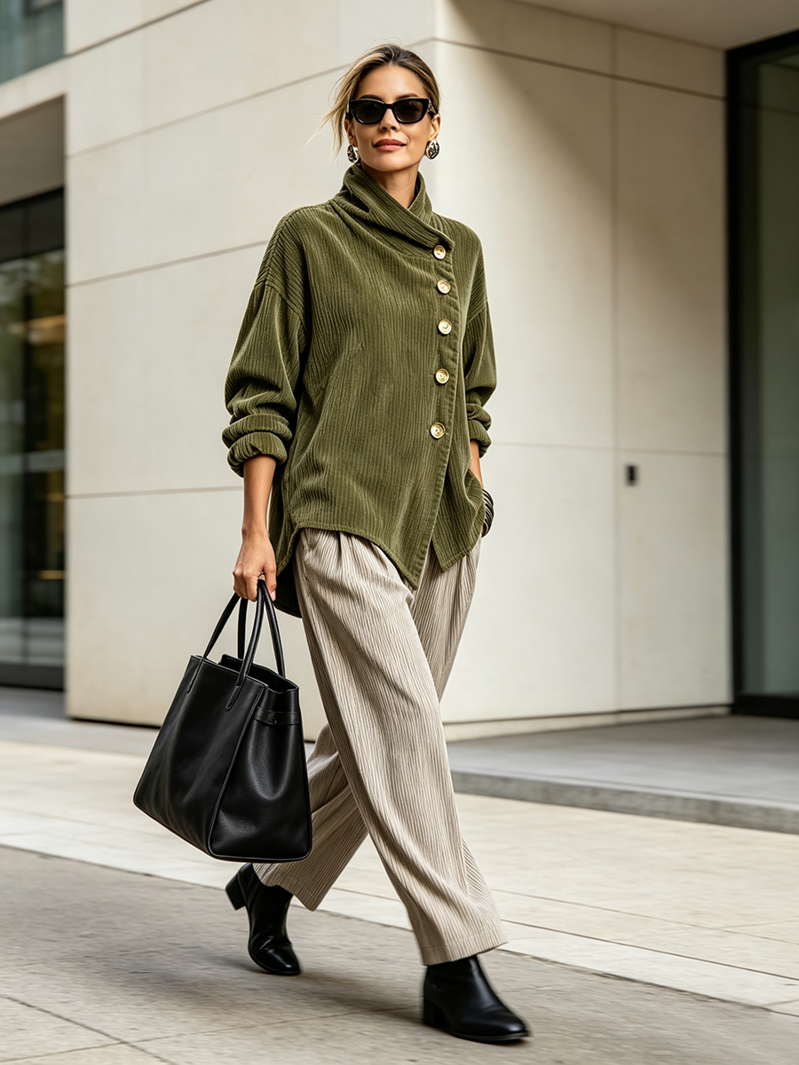 Maglione donna effetto velluto a coste con collo avvolgente