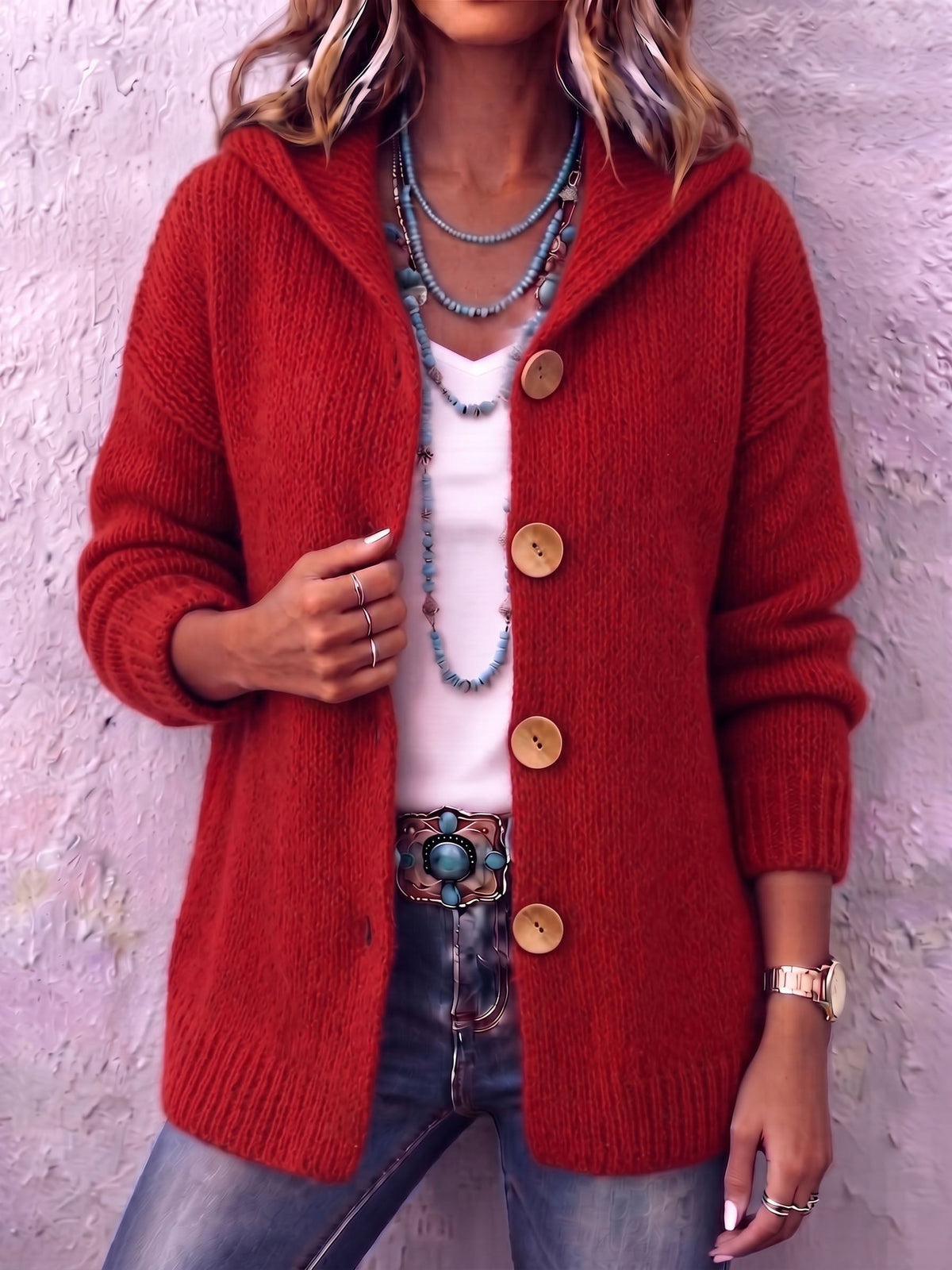 Cardigan donna in maglia con cappuccio e bottoni