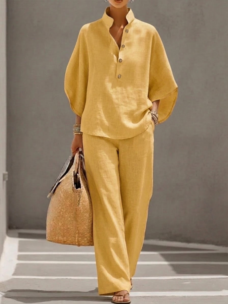 Completo donna cotone lino con top a pipistrello e pantaloni larghi