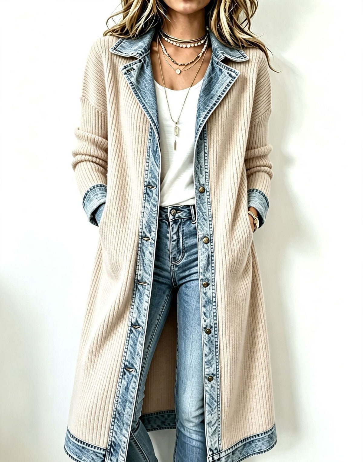 Cardigan lungo donna in maglia a coste con dettagli effetto denim