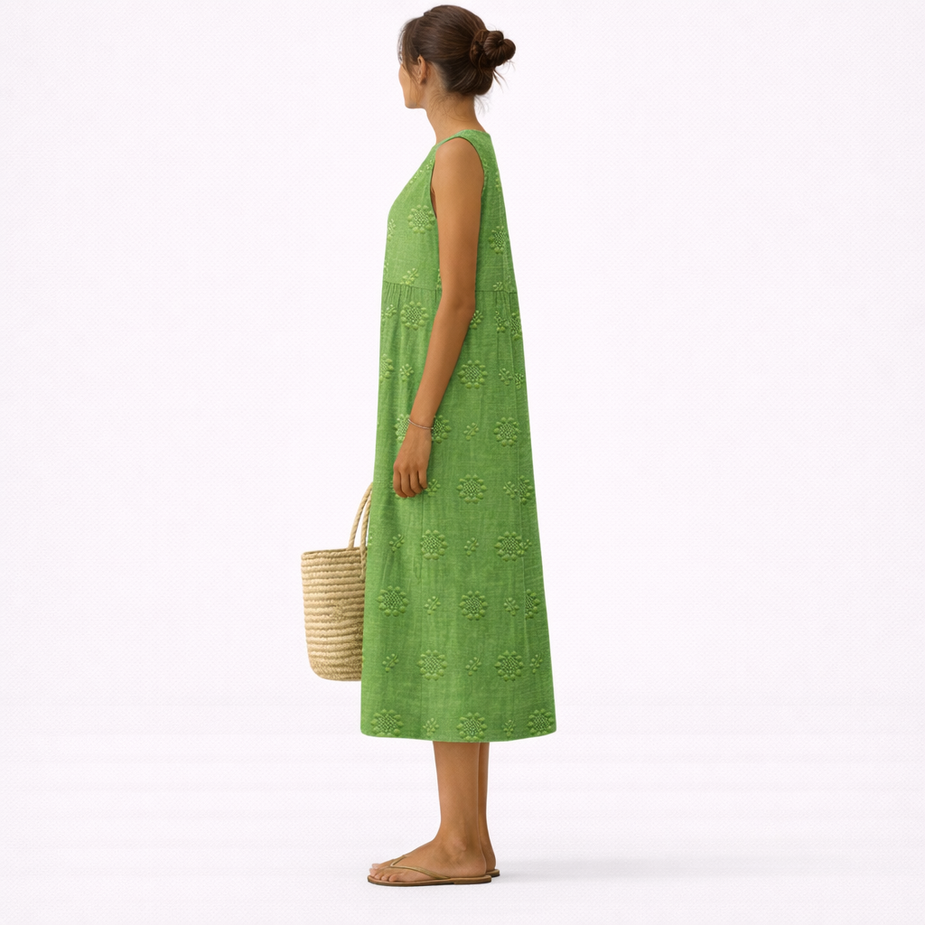 Abito midi smanicato donna con ricamo tono su tono