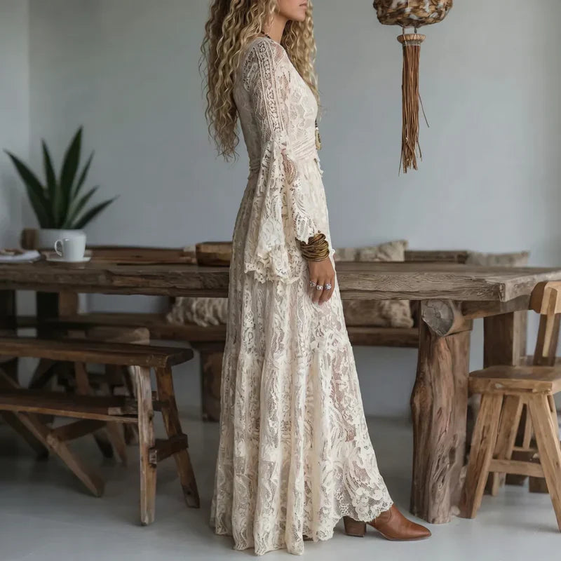 Abito lungo donna vintage in pizzo con maniche svasate