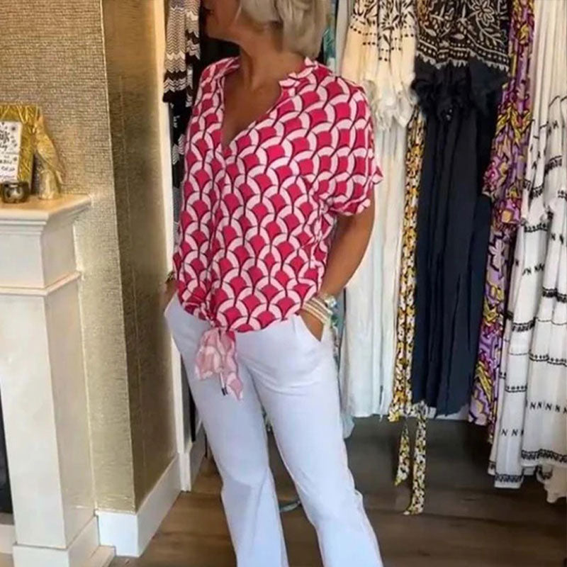 Top donna stampato con scollo a V e maniche corte