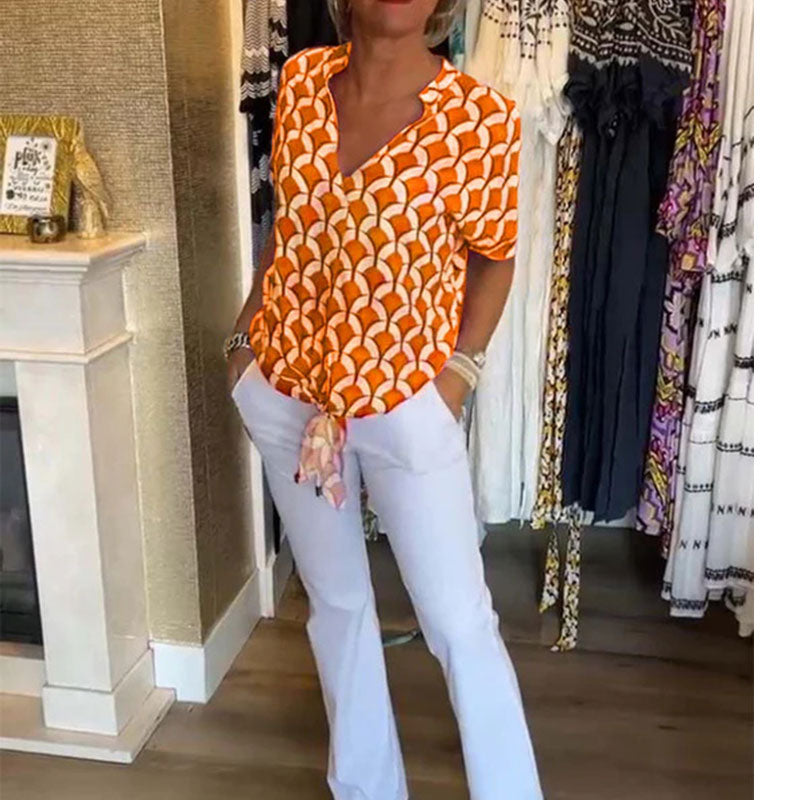 Top donna stampato con scollo a V e maniche corte