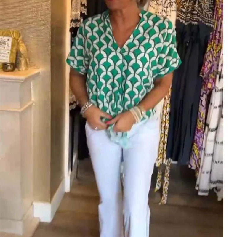 Top donna stampato con scollo a V e maniche corte